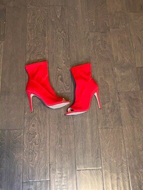Red Stretch Knit Peep Toe Stiletto Heel Ankle Booties - Women's 8.5